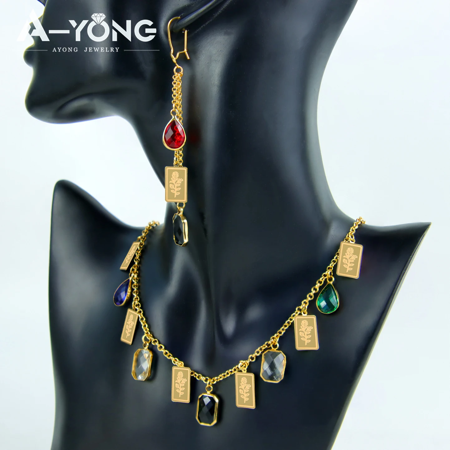 Nigerianisches Brautschmuck-Set 21k Vergoldet Arabische Farbige Quadratische Zirkonia-Halskette Algerischer Islamischer Modeschmuck für Frauen – Detail 5