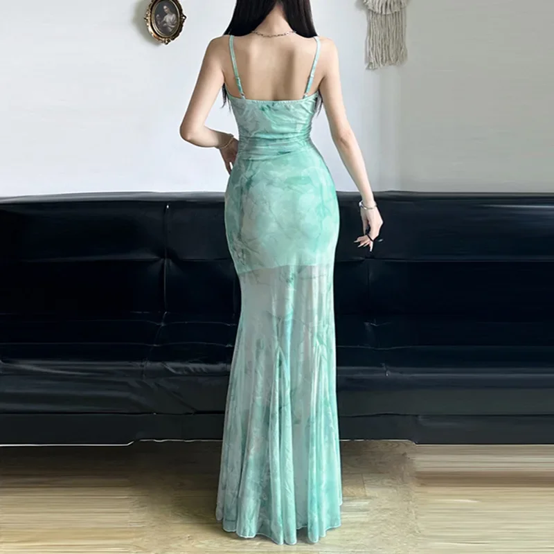 French Dress Fresh Mint Green Tie Dye Printed Mesh Suspender Long Dress Pure Desire Sexy Lace Patchwork Urban Fish Tail Dresses