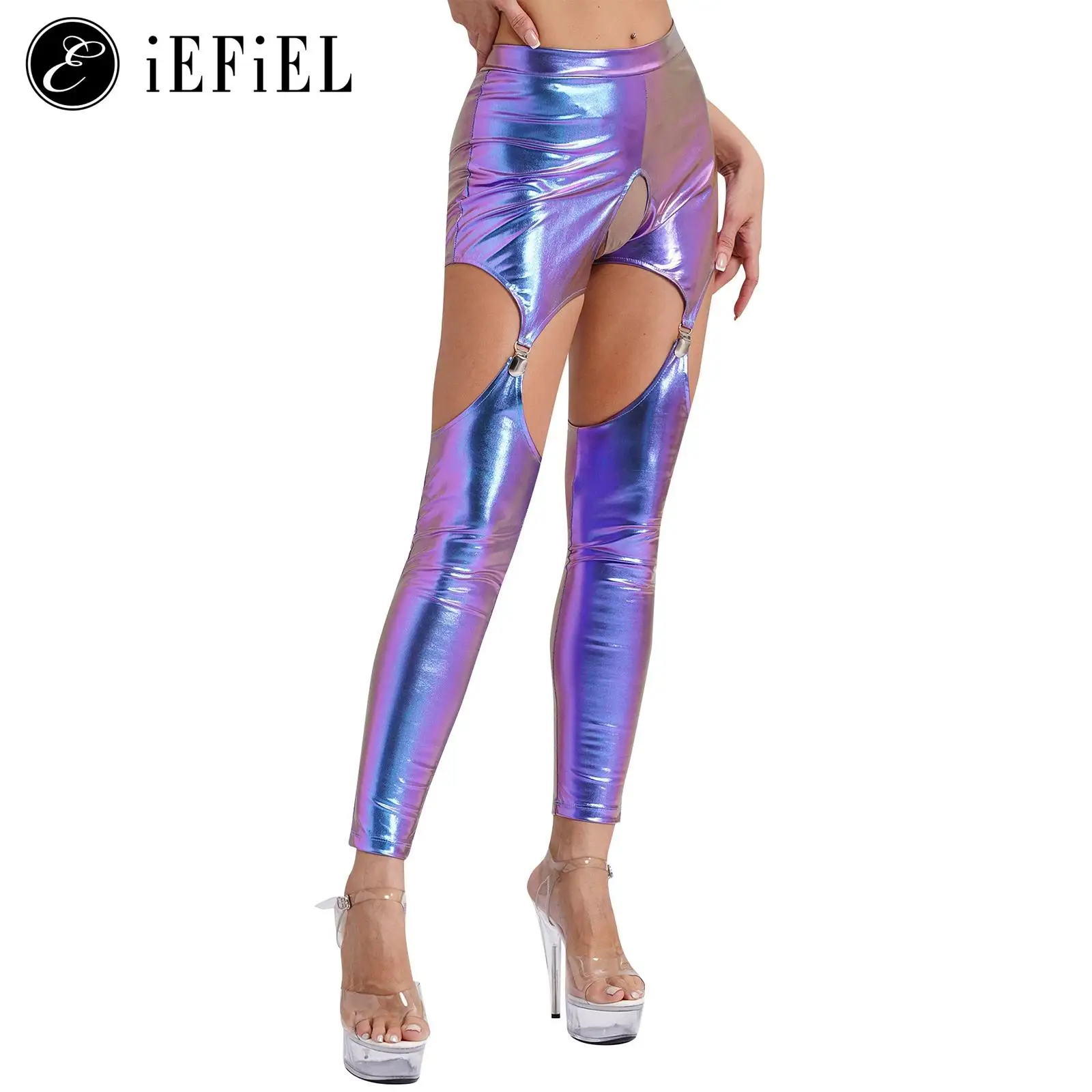 

Womens Metallic Garter Leggings with Metal Clips Open Crotch Butt Tight Long Pants Sexy Stretchy Tousers Clubwear