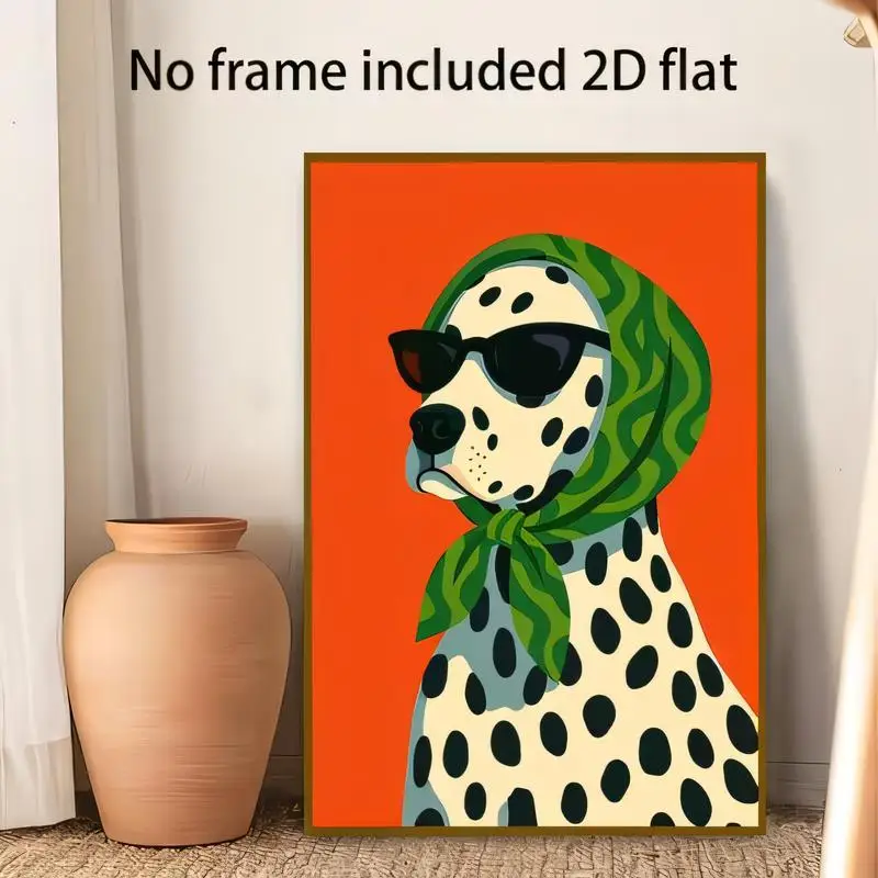 No Frame Dalmatian Dog Tin Painting - Pop Art with Sunglasses & Green Scarf, Orange Background, Iron Material - Perfect for Room