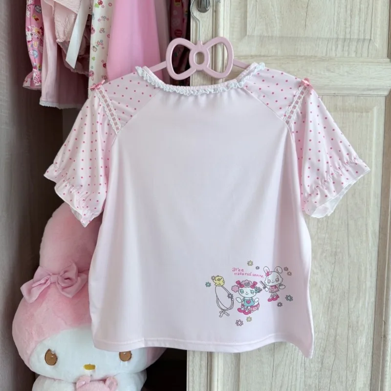 HOUZHOU Pink Kawaii Letter Juminocore T-Shirts Women Y2k Cutecore Lace Ruffles Short Sleeve Crop Tees Japanese Style Sweet Slim