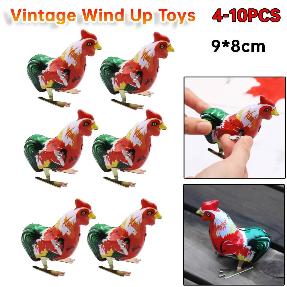 4-10pc Vintage Handmade Jump Wind Up Spring Motor Rooster Toys Metal Chicken Clockwork Toy Children Gift Colours Funny for Kids