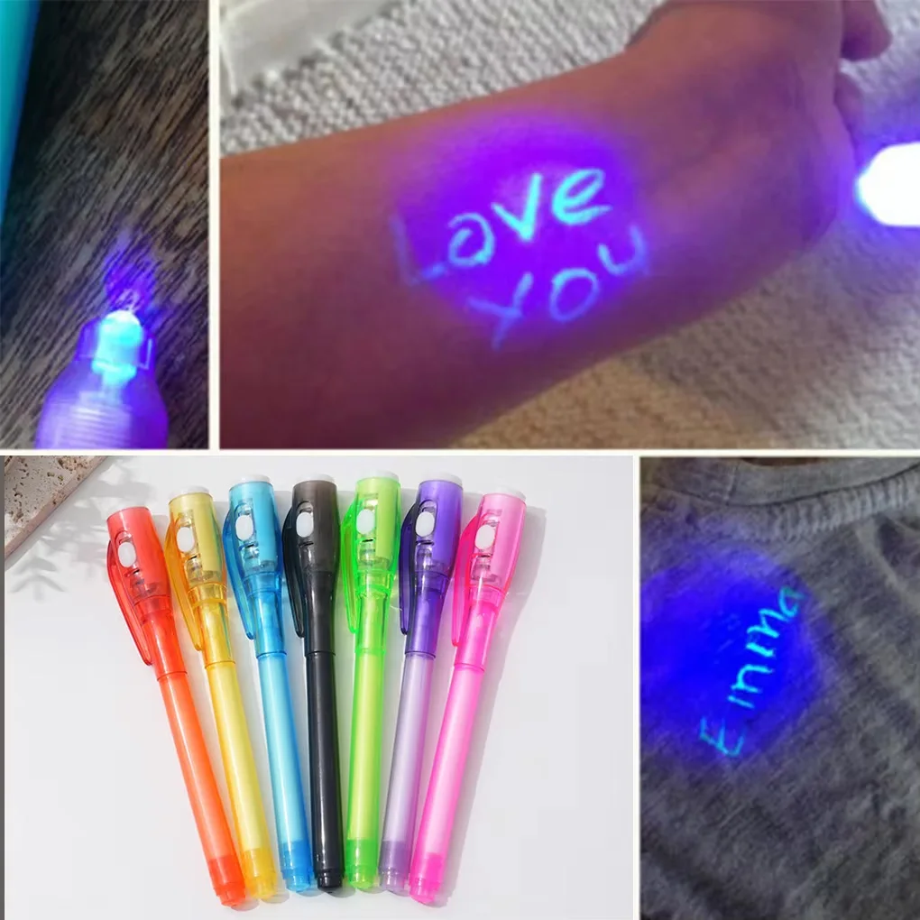 7 قطعة ضوء مضيئة غير مرئية قلم حبر ماجيك الأشعة فوق البنفسجية ضوء القلم قلم تحديد رسم سري التعلم القلم للأطفال رسم علامات