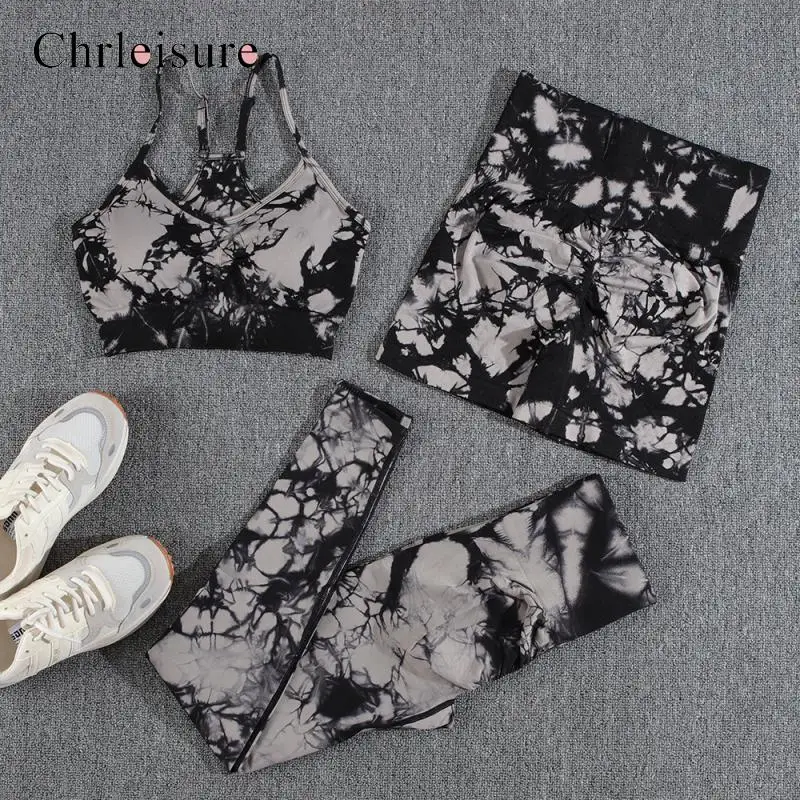 CHRLEISURE 1/2/3Pcs Tie Dye Pants Sets Women Seamless Outfits Tracksuit Summer Female Short Sets Woman Gym Tank Top