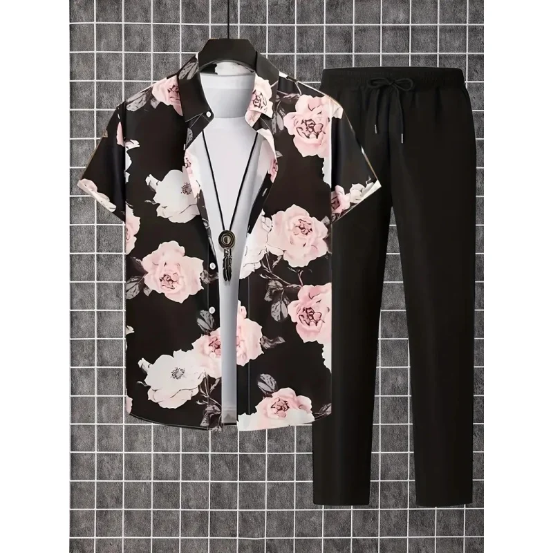 

Мужская повседневная рубашка на пуговицах с короткими рукавами, комплект из двух предметов, розовая 3D-печать, пляжная повседневная одежда, комплект из двух предметов большого размера