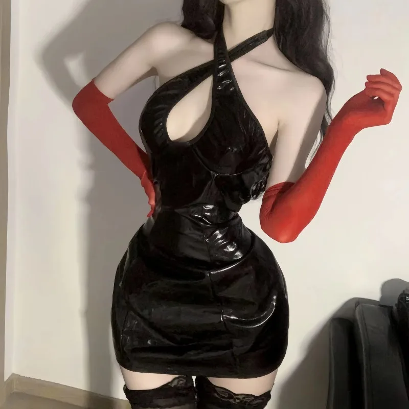 Sexy Hollow Pu Leather Demon Uniform Cosplay Costume Anime Bodycon Black Dress Club Party Outfits Devil Role Play Nightdress