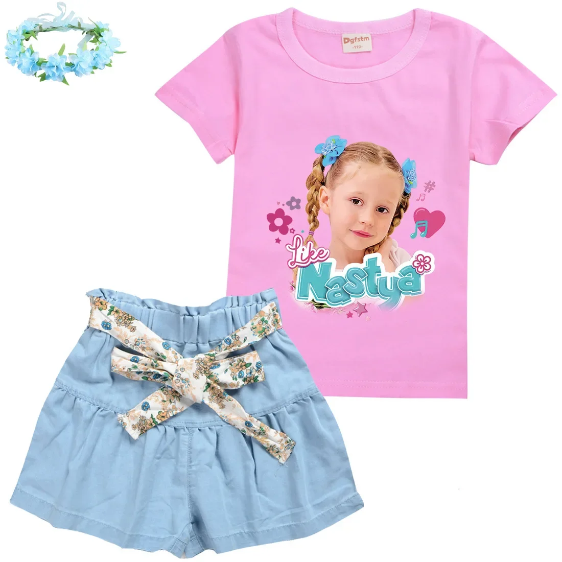 

Like Nastya Show Clothes Kids Short Sleeve T-shirt and Big Bow Denim Skirts 2pcs Set Baby Girls Cartoon Vestidos Children's Sets