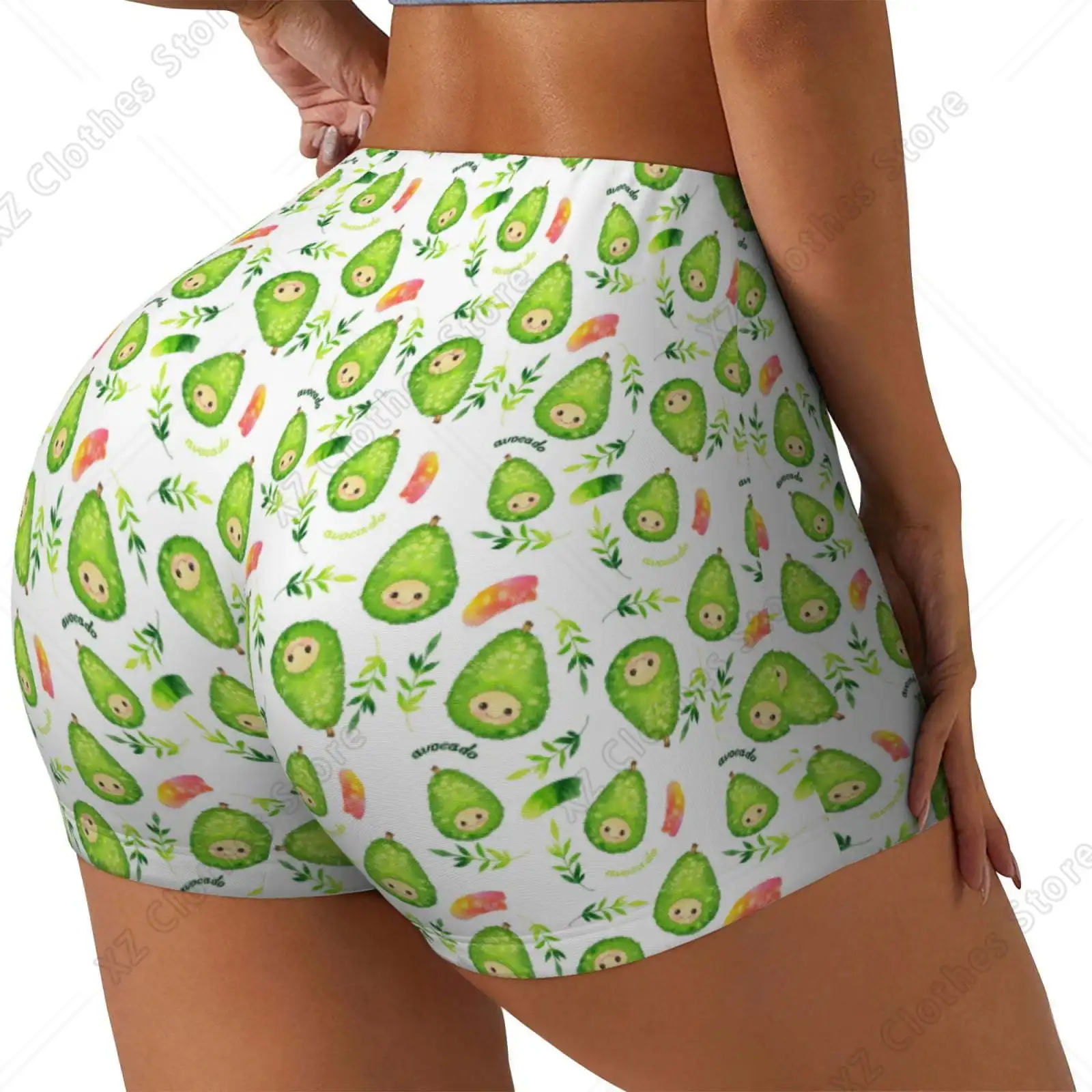 Kawaii Avocado Printed Workout Shorts for Women Seamless Scrunch Butt Lifting High Waisted Yoga Gym Booty Running Moisture