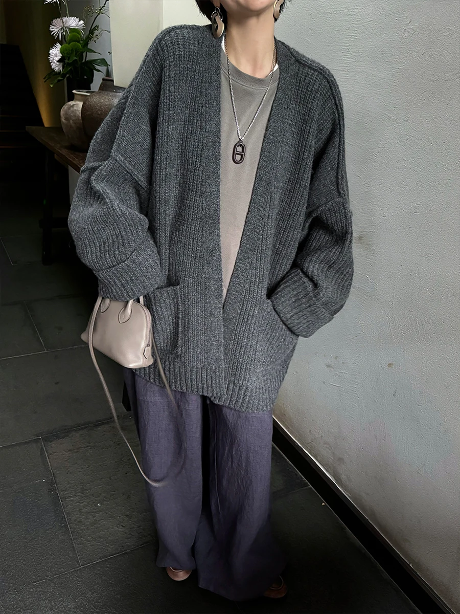 

Женский кардиган Owi из 100% шерсти с V-образным вырезом, свободного кроя, осенне-зимний, с фактурным дизайном, вязаный, повседневный, простой, из мягкой шерсти