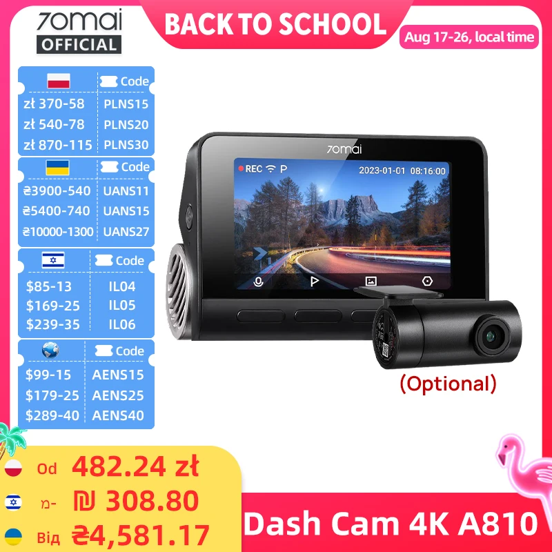 Kamera samochodowa 70mai 4K A810 Ultra HD z szerokokątnym obiektywem, wbudowanym GPS, ADAS, funkcją monitoringu parkowania 24h, obsługą 4G LTE i zdalnym sterowaniem.