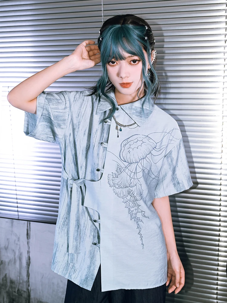 

New Chinese Sle Asymmetric ort Sve Women's irt Water Blue Loose Fit Breathable Cotton Polyester Blend Printed irt