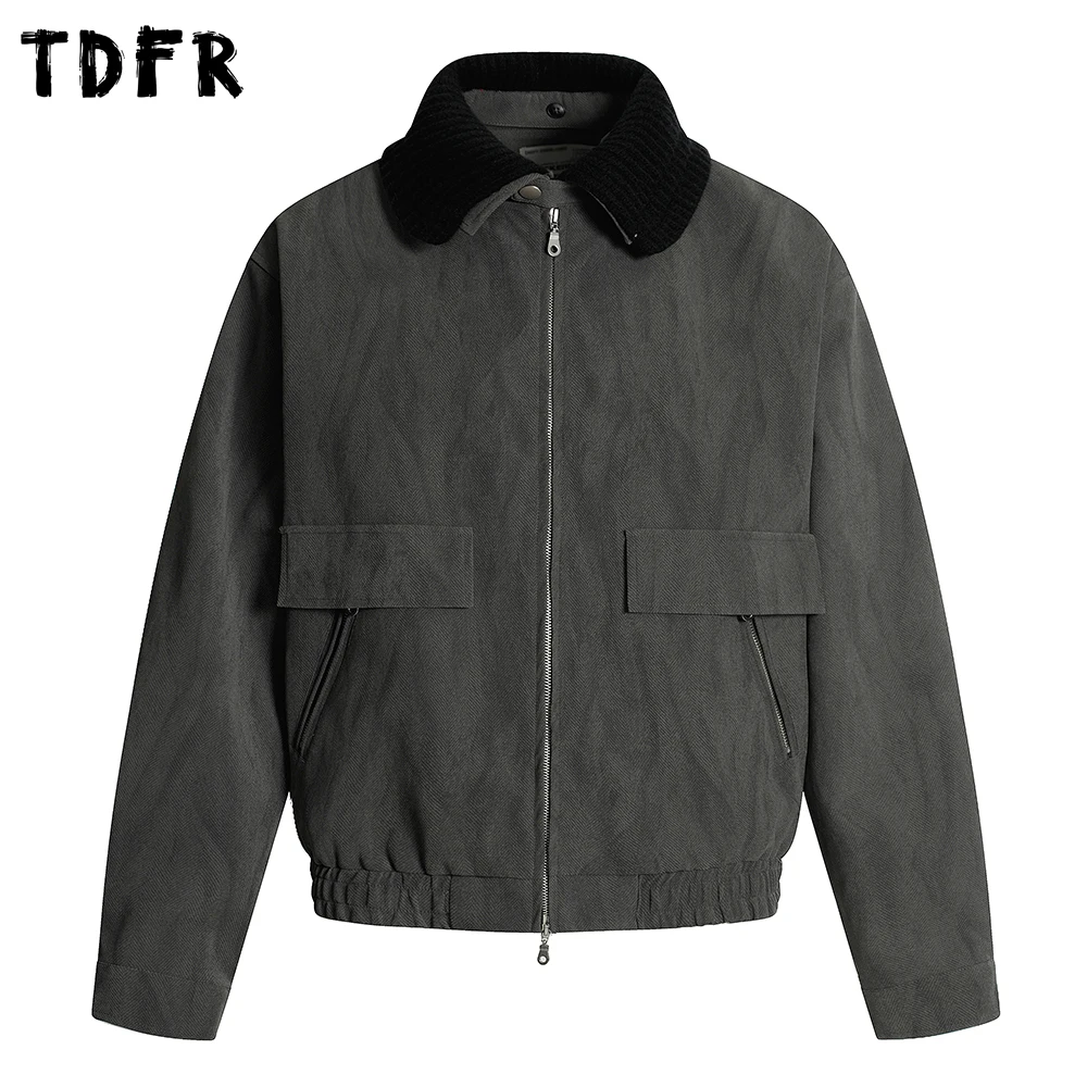 Spliced Lapel Cargo Jacket Mens Zipper Pocket Autumn Retro Casual Loose Long Sleeve Outerwear Man