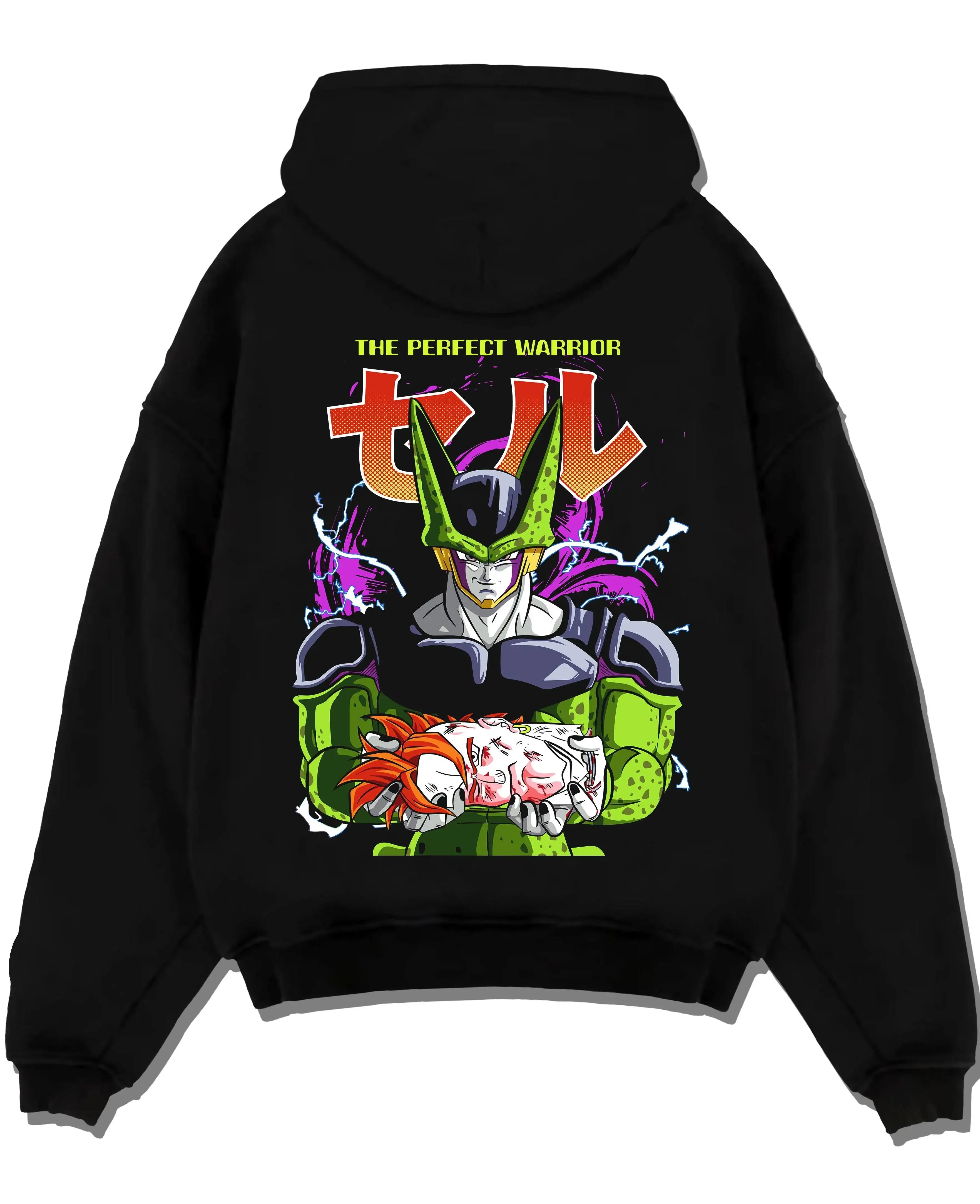 Dragon Ball Anime Cell Zwarte Hoodie Perfect Warrior Print Groene Schurk Karakter Katoenen Sweatshirt met Battle Scene Design