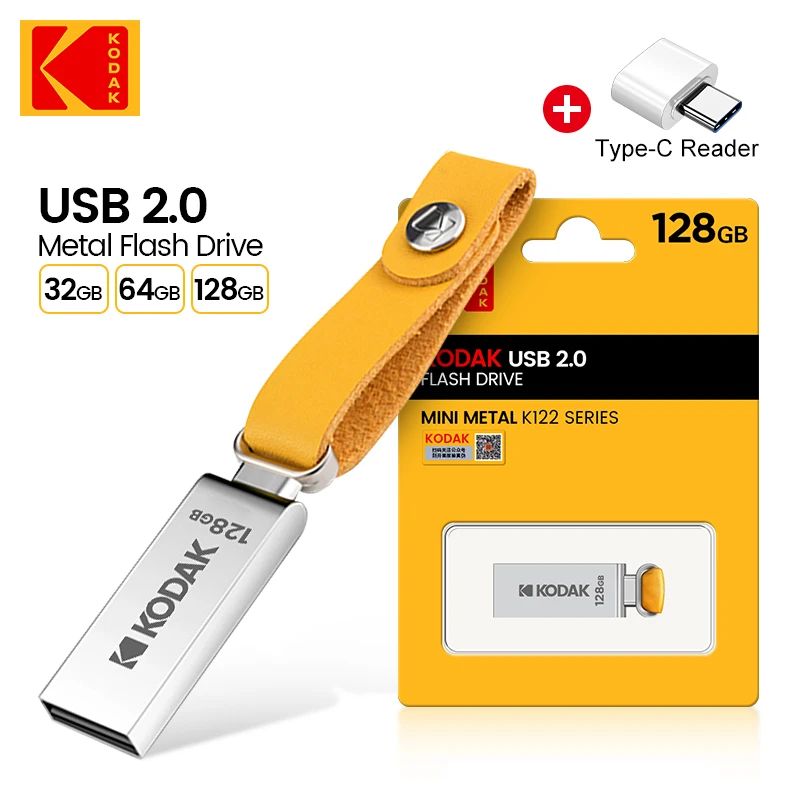 Kodak แฟลชไดร์ฟ USB โลหะ K122 32GB เพ็นไดรฟ์หน่วยความจำไดรฟ์ USB2.0 pendrive disk U Disk memoria Type-C อะแดปเตอร์