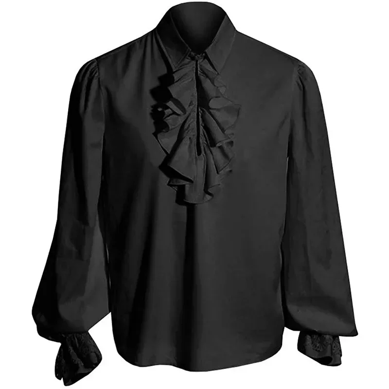 Men Solid Color Medival Victorian Steampunk Ruffled Shirt Tops Costume Clothing Tops Long Sleeve