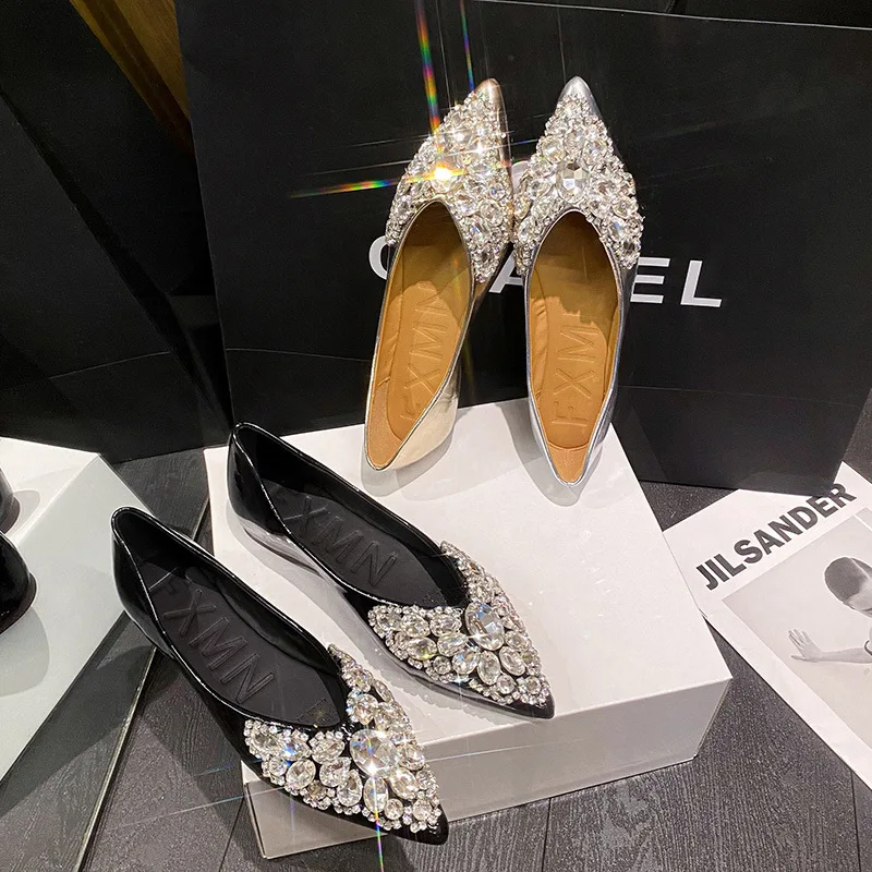 

Women Pointed Single Shoes Soft Soled Shallow Flat Shoes Outdoor Artificial Crystal Decorated Women Loafers Shoes Comfortable