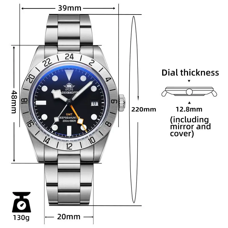 ADDIESDIVE AD2035 New GMT Watch for Men Quartz Wristwatch BGW9 Blue Luminous Steel 200m Waterproof Men‘s Watches reloj hombre