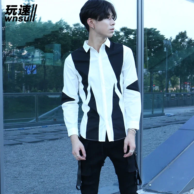 

S-6XL 2024 New Men's Clothing Bigbang Hair Stylist Korean Black and White Collision Casual Shirt Plus Size Singer Costumes