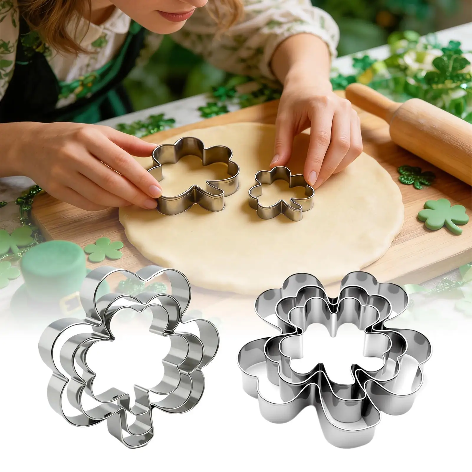 3-teiliges Keksausstecher-Set zum Patrick's Day, Kleeblattförmige Edelstahlform, DIY Kuchen-Zuckerhandwerk Gebäck-Kekse-Form, Backwerkzeug