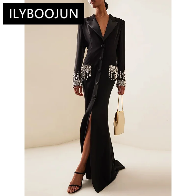 Brand Handmade Studded Diamond Crystal Suit Collar Dress Fish Tail Black Floor Length Maxi Dresses For Women Wedding 2024