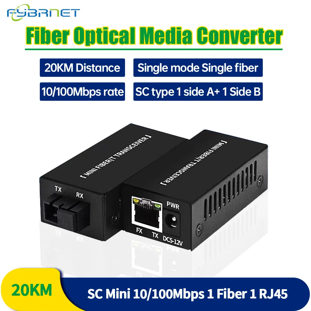 Mini convertidor de fibra óptica Simplex, conector SC de 20KM, modo único, transceptor óptico de 100 mbps, 10/155M, 1 par