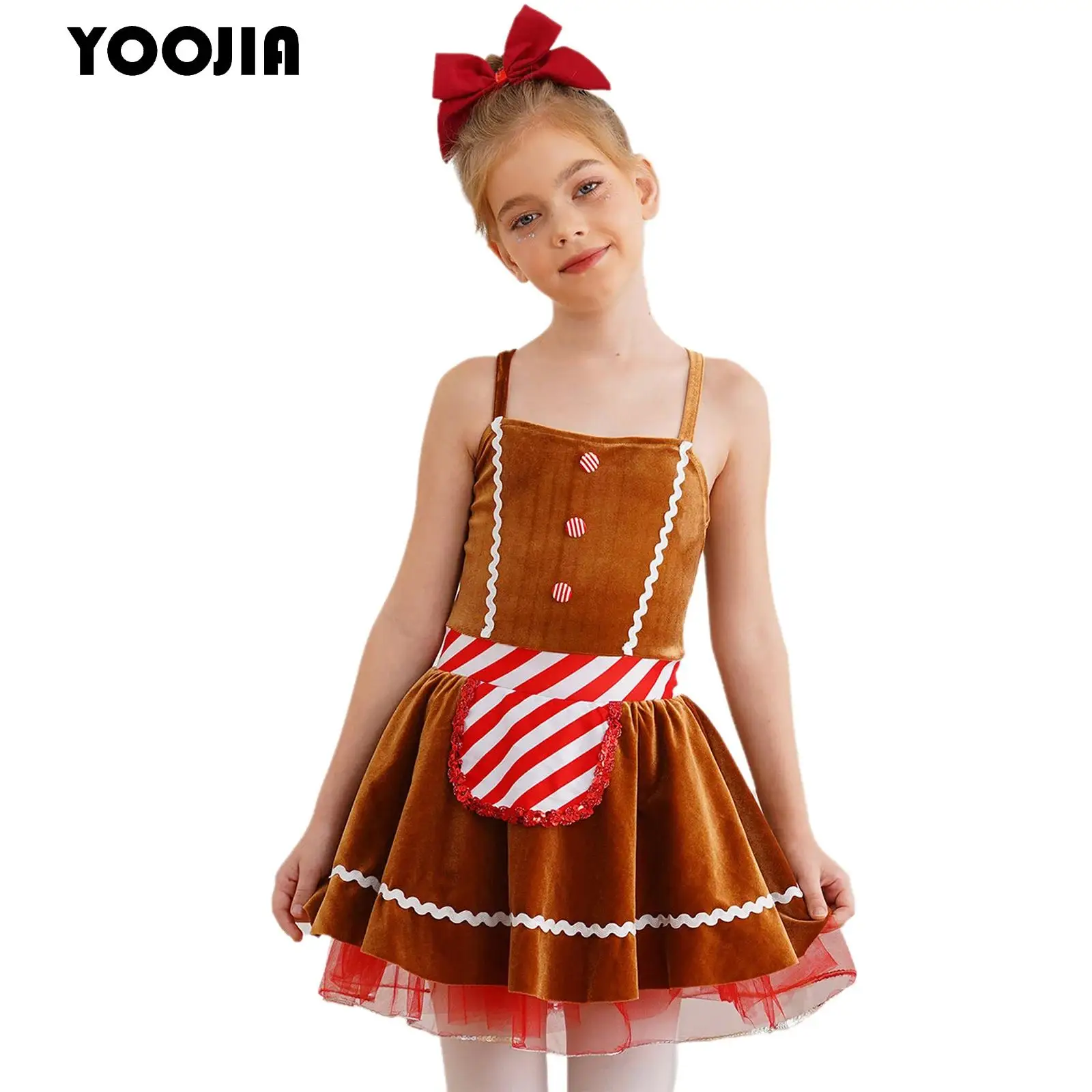 

Girls Christmas Gingerbread Man Costume Halter Neck Velvet Tutu Dress Candy Cane Striped Dance Leotard Ballet Skating Dancewear