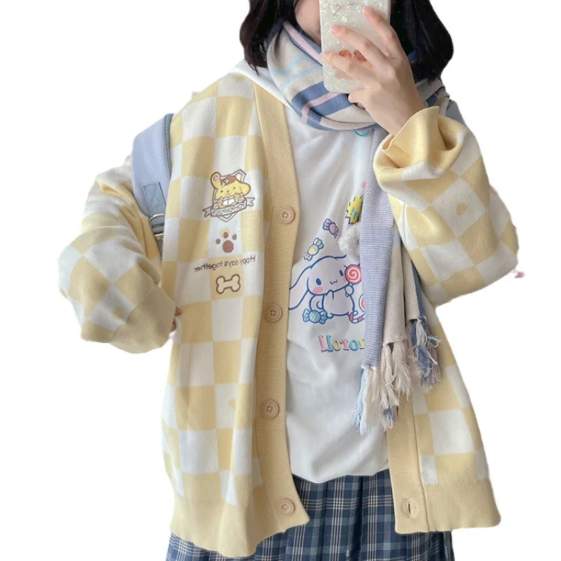 Sanrio Kawaii Kuromi MyMelody Cinnamoroll Purin Anime Embroidery Knitted Sweater Checkerboard Sweet Girls College Style Cardigan