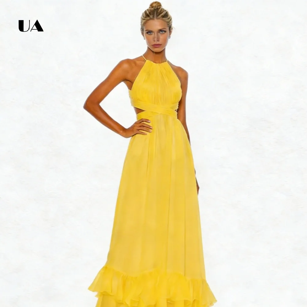 فستان حفلة موسيقية شيفون على شكل حرف A من ULBYANRY مع حاشية مكشكشة متدرجة، فستان سهرة بقصة رسن سادة، فستان حفلات مخصص بدون أكمام