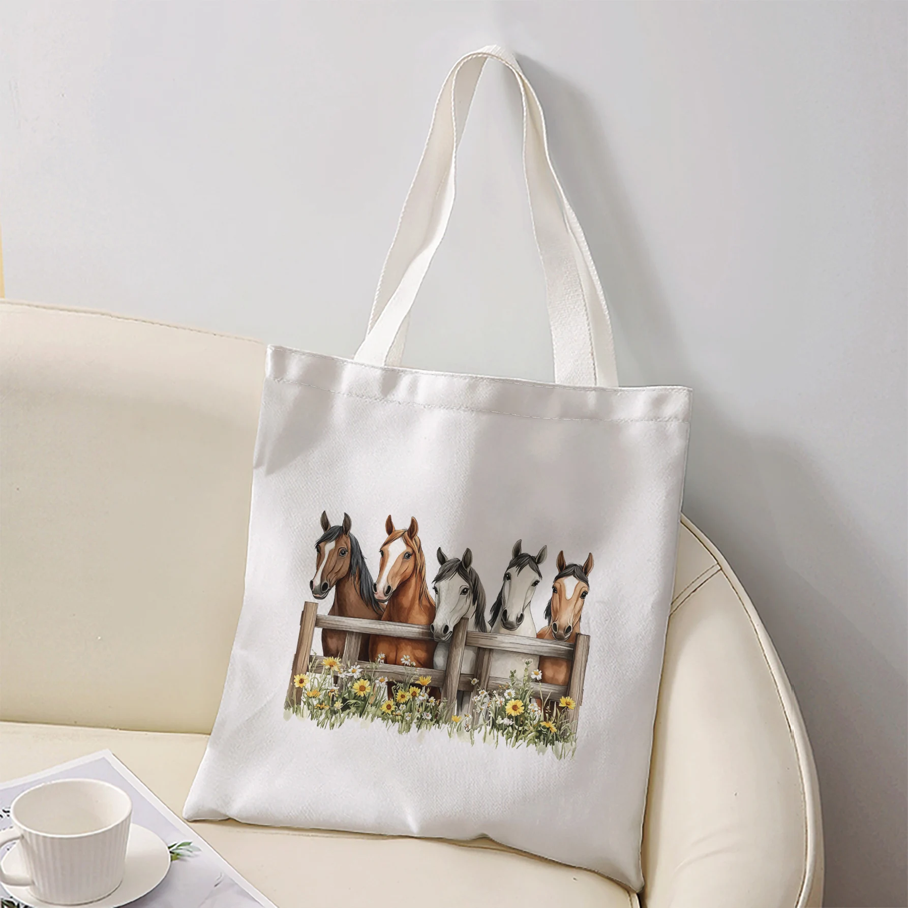 Farm Horse Sunflower Print Tote Bag Large Capacity Shoulder Handbag For Shopping Travel Daily Commute