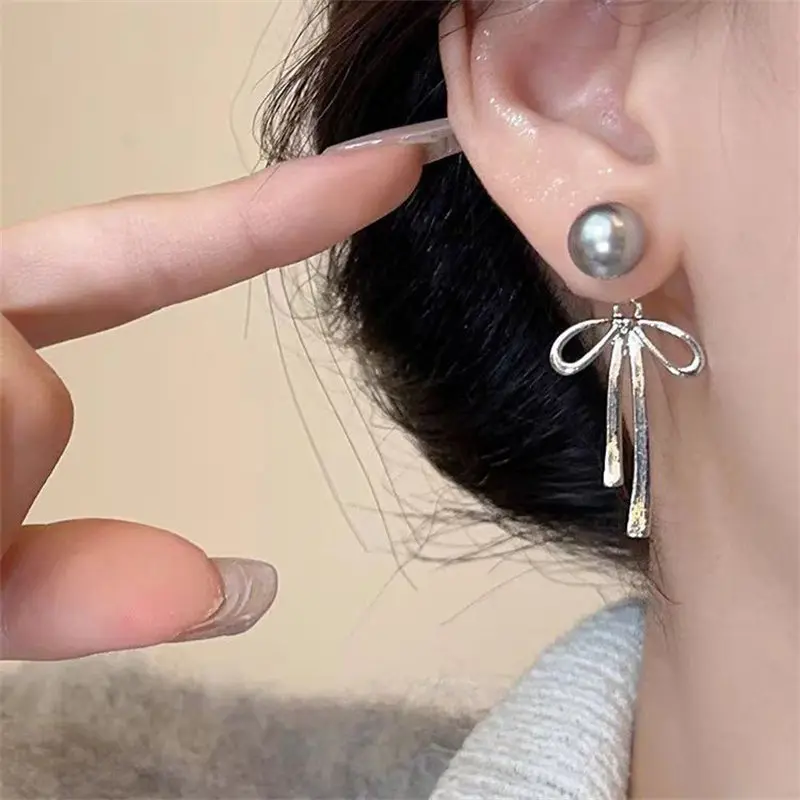 Grey Imitation Pearl Drop Earrings Silver Color Hollow Bow Knot Dangle Earrings Trendy Metal Sweet Cute Jewelry Wedding Party