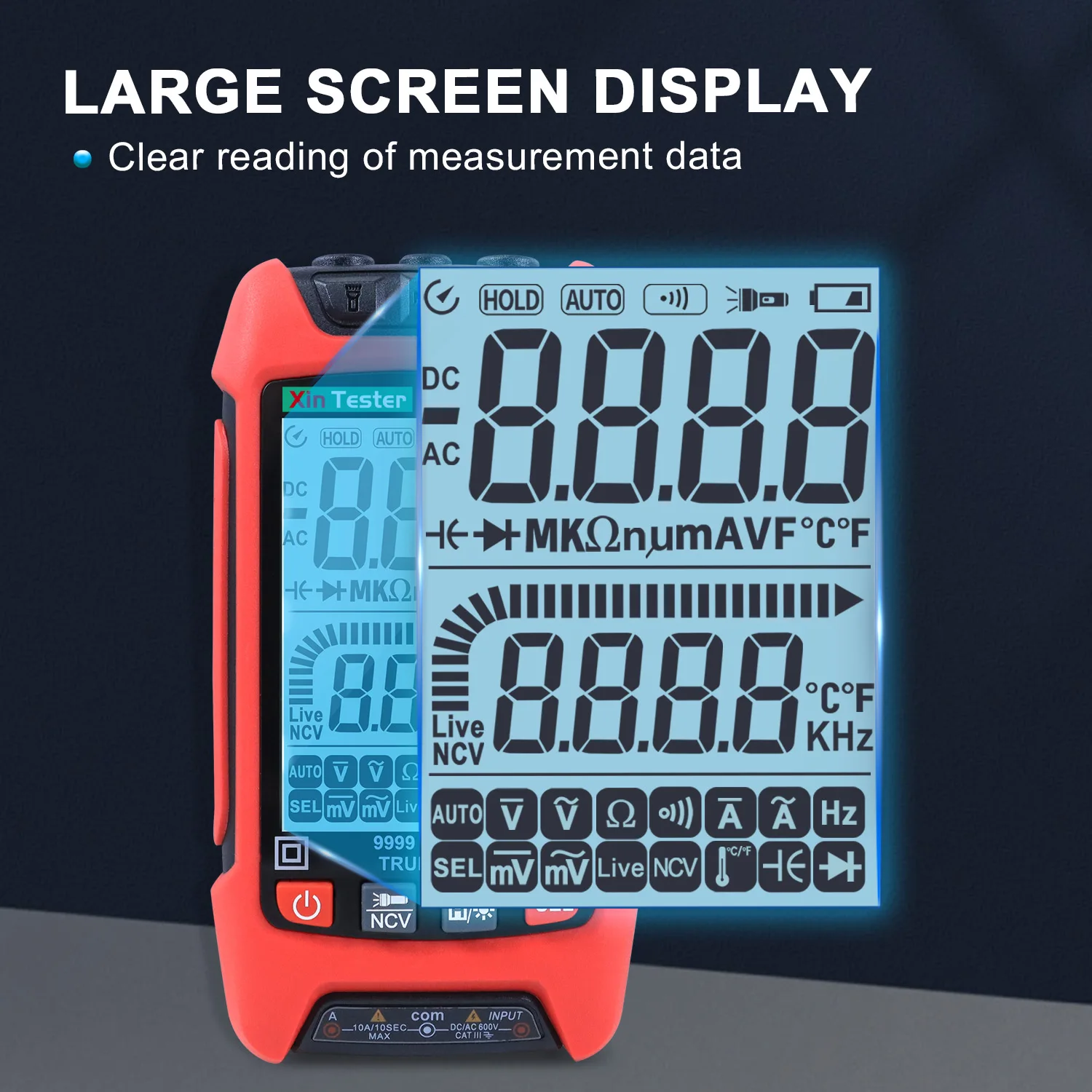 Xin Tester Auto range Digital Multimeter 9999 Counts TRMS AC DC Voltmeter amp NCV Resistance Capacitance Temp Transistor Tester
