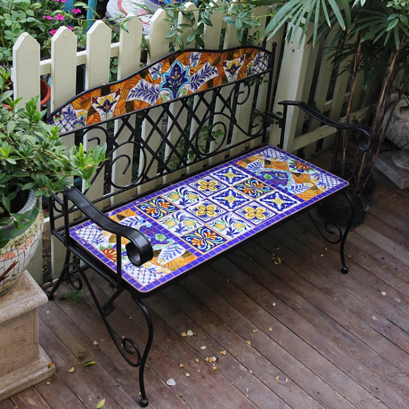 American-style Mexican outdoor wrought iron leisure park chair bench seat bench chair, featuring porcelain mosaic