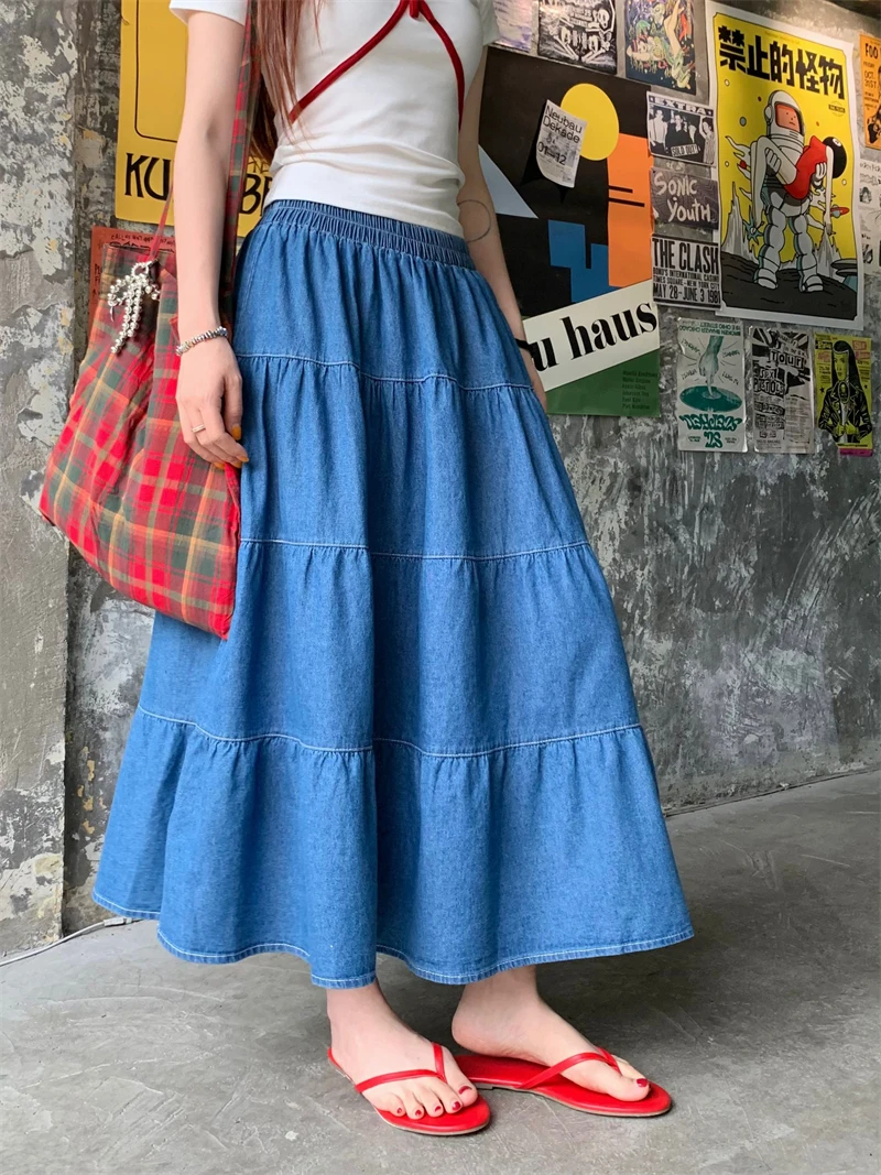 Benuynffy Vintage Ruffle Hem Denim Skirt Women Spring Summer 2024 Korean Casual Elastic Waist A-line Female Swing Long Skirts