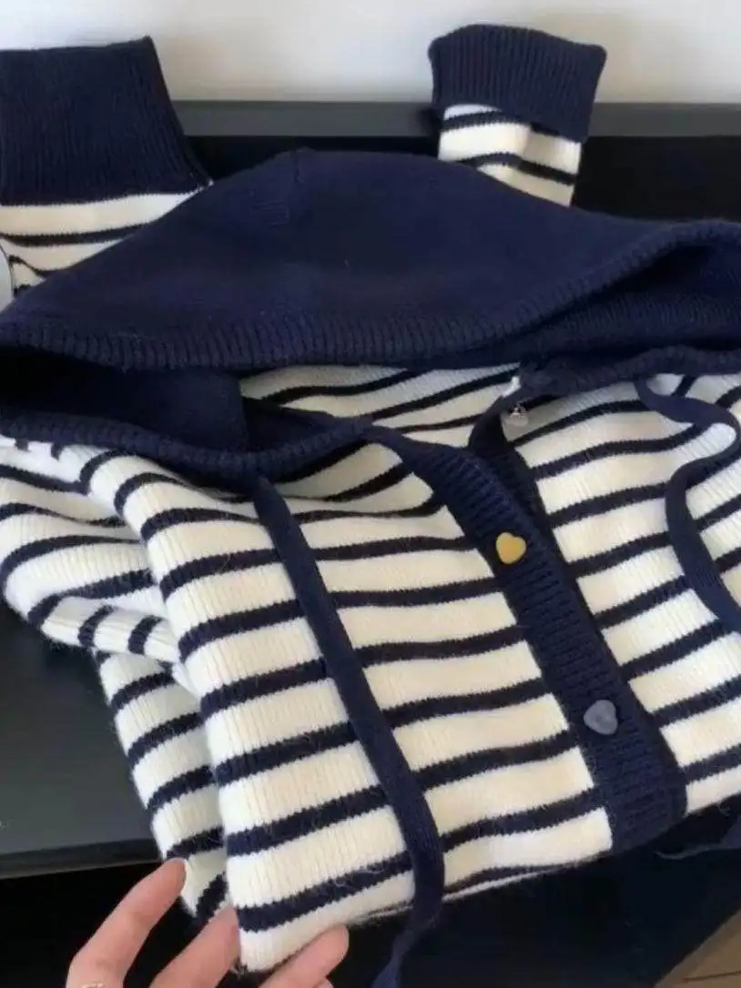 Laid-back Striped Color Block Button Knitted Open Cardigan Women's Loose Versatile Long Sleeve Hooded Sweater Jacket Autumn N...