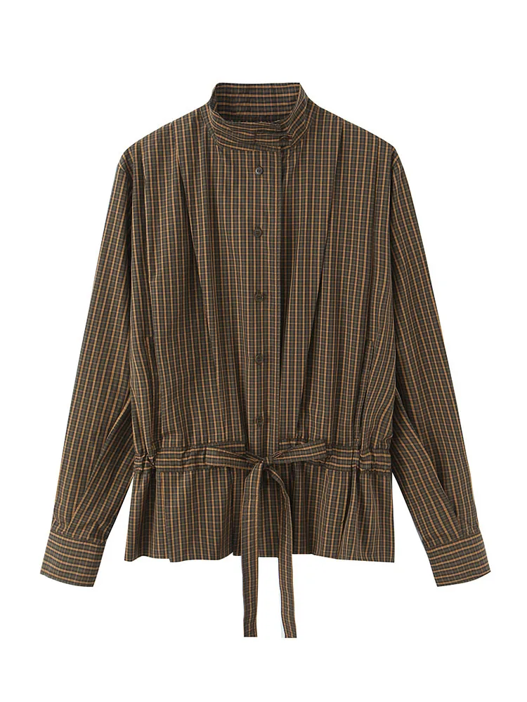

HH 2026 Fashion Woman Long Sleeves Single Breasted Belt Decoration Tops Women's Loose Commuting Shirt Casual Plaid Shirt