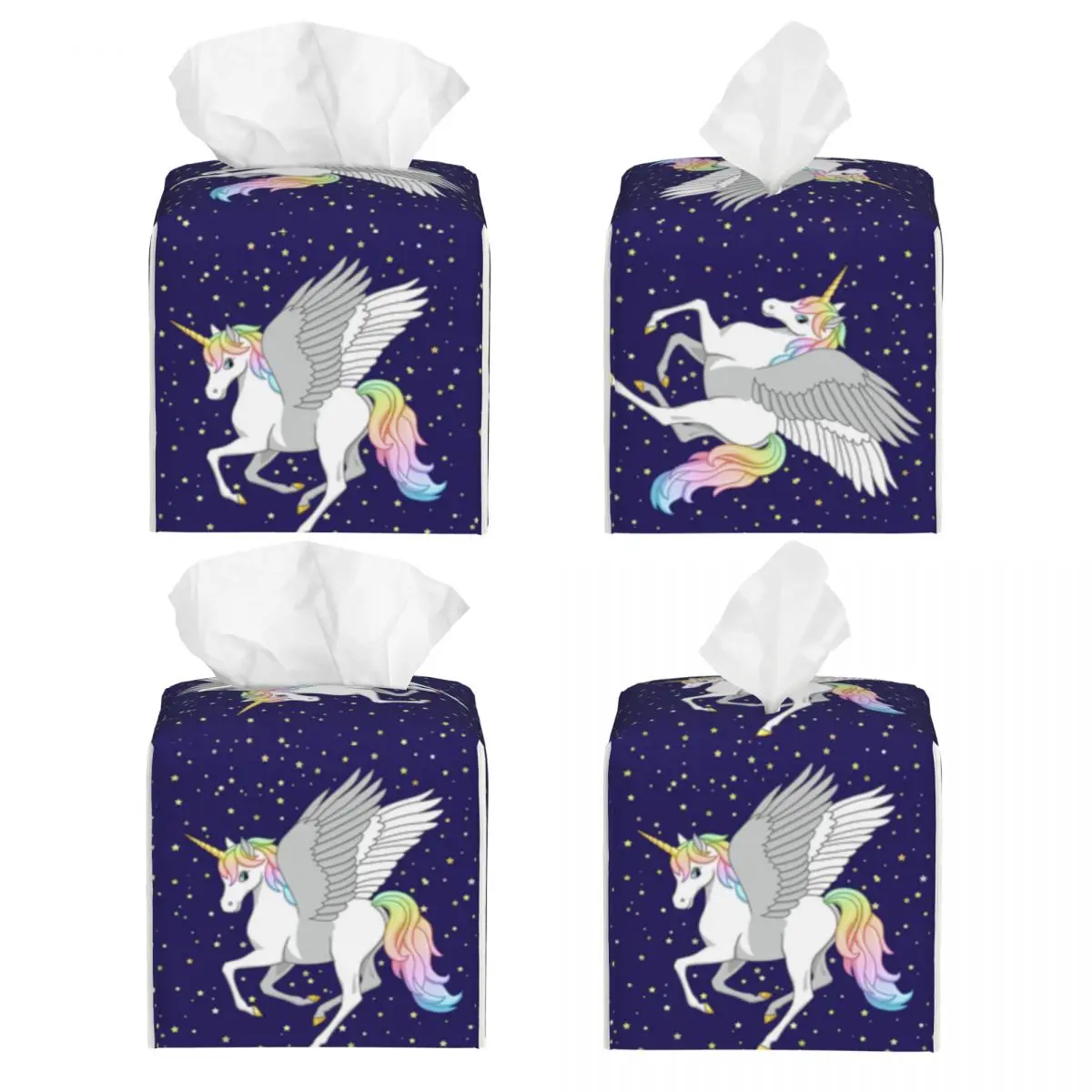 Custom Rainbow Unicorn Flying Horse Tissue Box Cover Square PU Leather Facial Tissue Box Holder for Bathroom Home