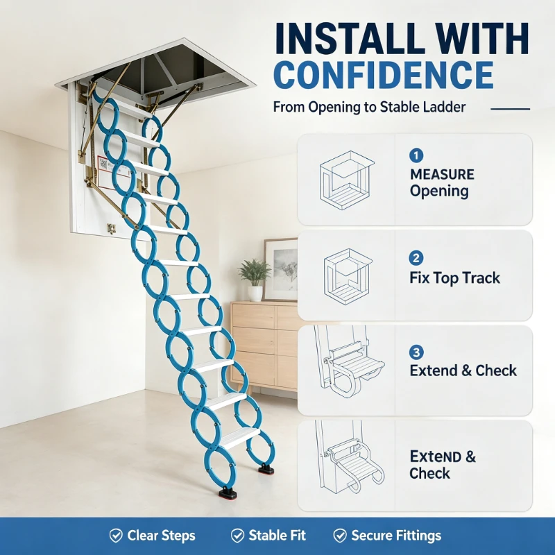 Insulated Stainless Steel Folding Attic Ladder 8-Ft to 10-Ft, Home Loft Access Stair, Space Saving Design