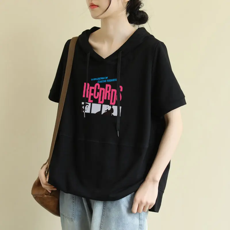 2024 New Summer Korean Version Fashionable Minimalist Print Casual Loose Fit Oversized Pullover Short Sleeved Hoodie for Women