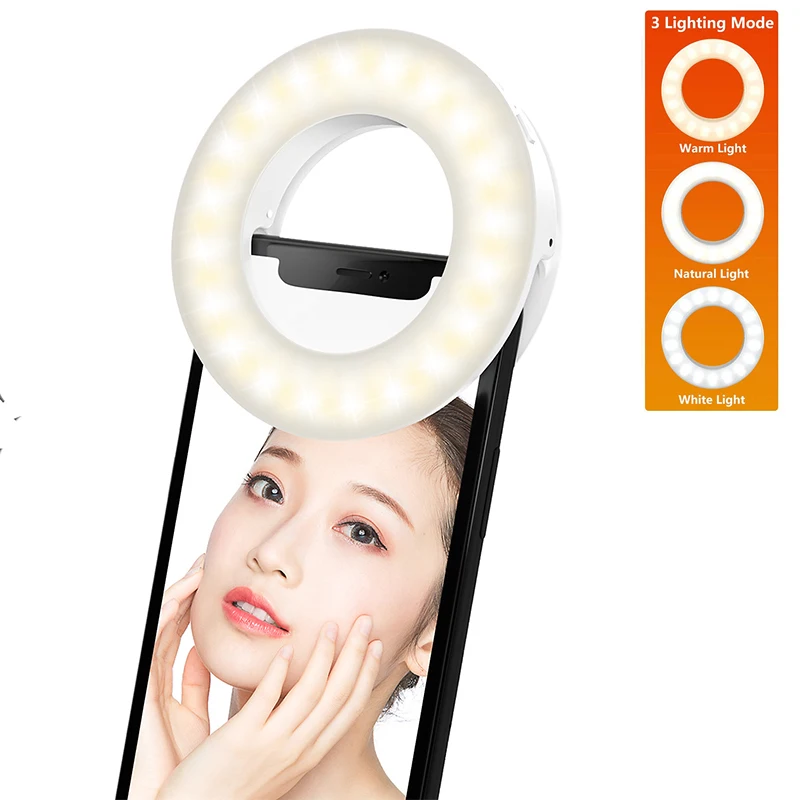 Selfie Ring Light Fill Light Rechargeable 3 Light Modes with Clip Video Conference Light Lamp for Phone/Laptop/Tablet/Make up