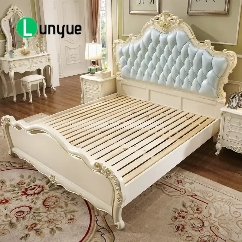 European Luxury Solid Wood Double Bed with Carved Flower Design Simple Princess Style Bedroom Furniture Set Customized