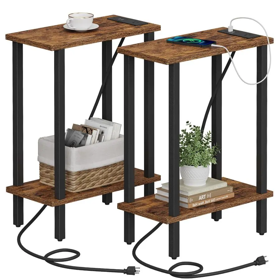 

Small End Table with Charging Station, Narrow Side Table with USB Ports and Outlets, Set of 2, Skinny Sofa Table, Slim Nightstan