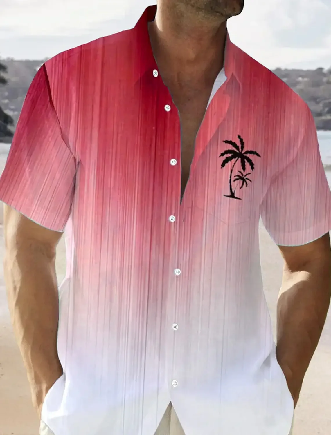 Color Gradient Palm Tree Men's Hawaiian Shirt 3D Printed Button Up Short Sleeve Tee Tops Summer Vacation Daily Wear