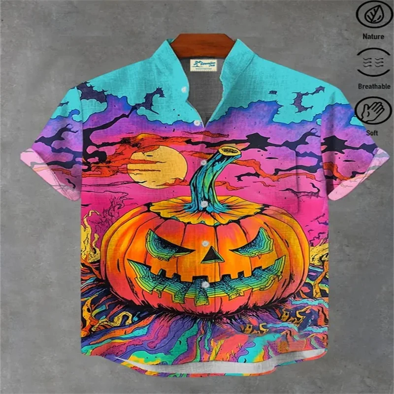 

2026 Bamboo and Hemp Halloween Ghost Skull Printed Men's Button Pocket Shirt Pumpkin Printed Men's Stand up Collar Shirt