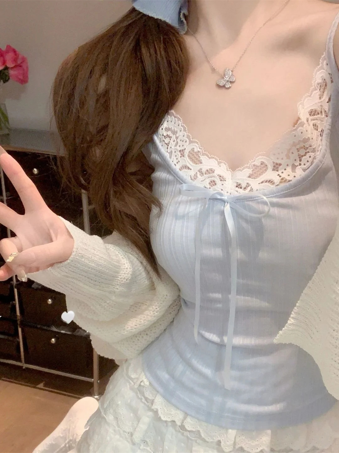 

Sweet Lace Splice Knot Strap Vest Women's Spring New Sle Miu Pure Desire Beautiful Bal Svel Top