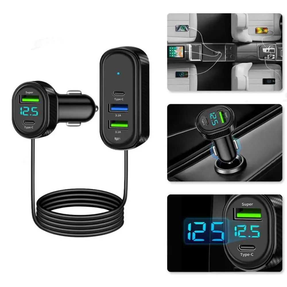 

Портативное автомобильное зарядное устройство для телефона 5 в 1, многопортовое автомобильное USB-зарядное устройство 66 Вт с удлинителем 1,5 м, автоматический адаптер питания для быстрой зарядки