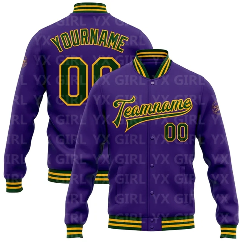 

Custom Purple Green-Gold Bomber Full-Snap Varsity Letterman Jacket Baseball Button Jacket