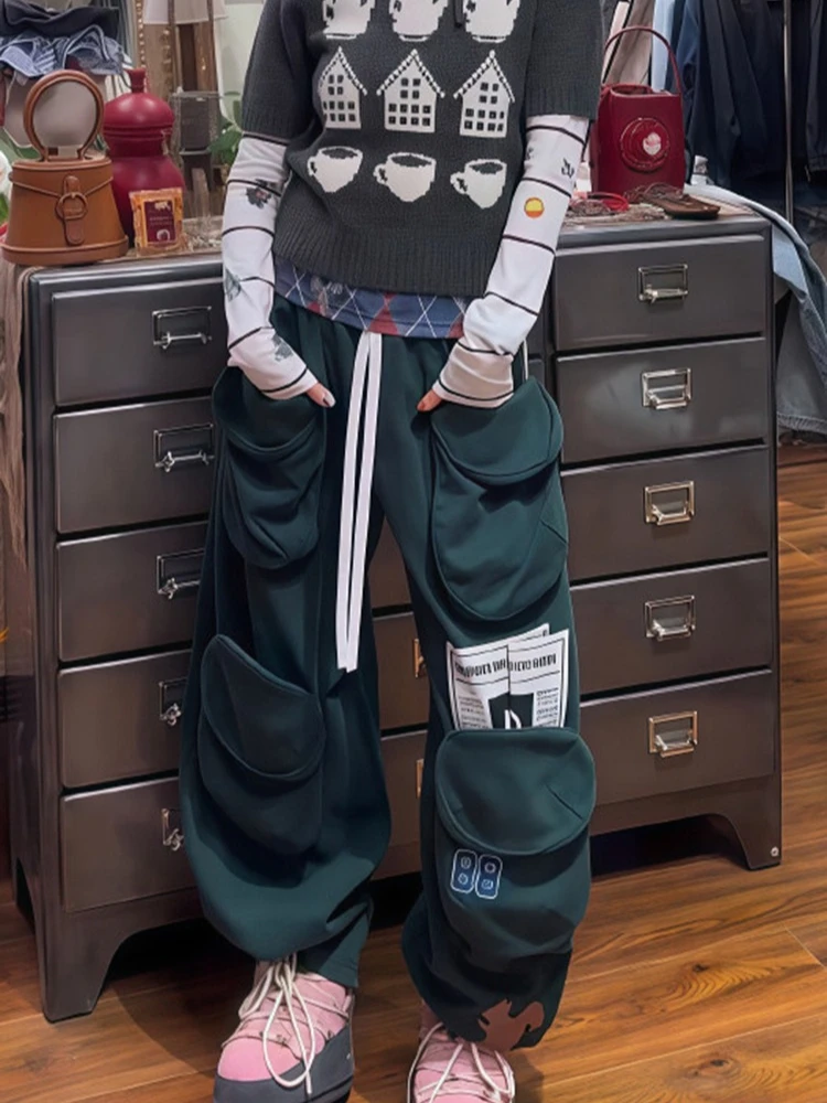 Retro military green cargo casual pants women's winter new loose and multi pocket drawstring loose and wide leg pants