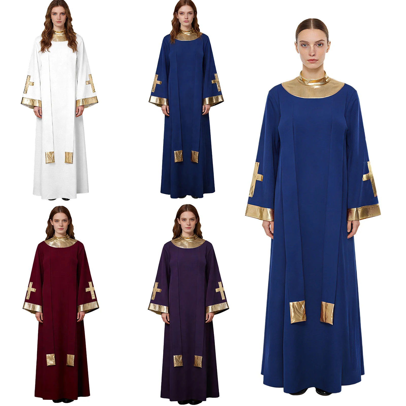 

Adult Church Choir Robe Halloween Party Pastor Priest Clergy Cosplay Costume Flare Sleeve Shiny Cross Liturgical Worship Gown