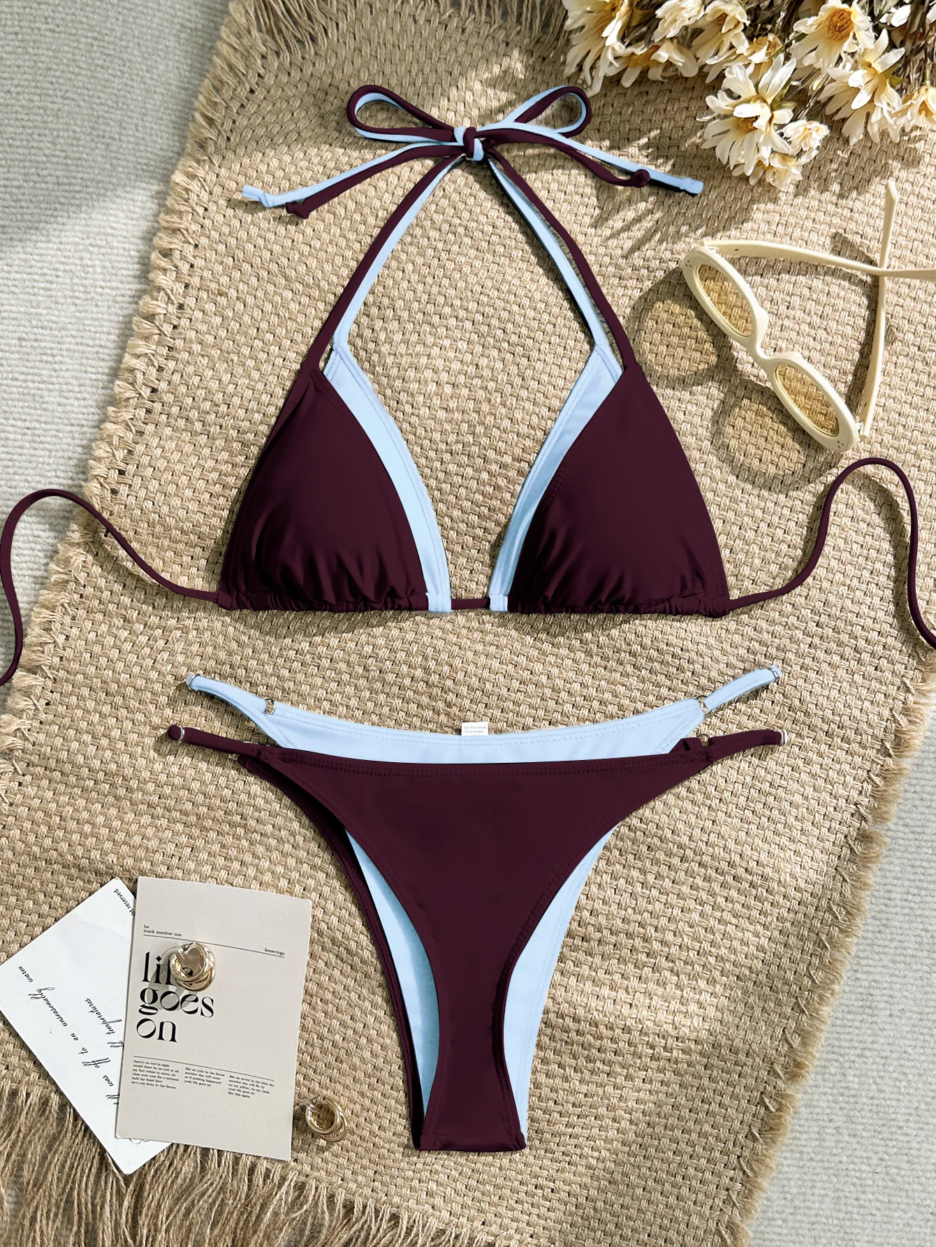Fanan 2 Piece Contrast Color Bikinis Set Women Inner Lining Double Edge Trim Adjustable Halter String Triangle High Cut Swimwear