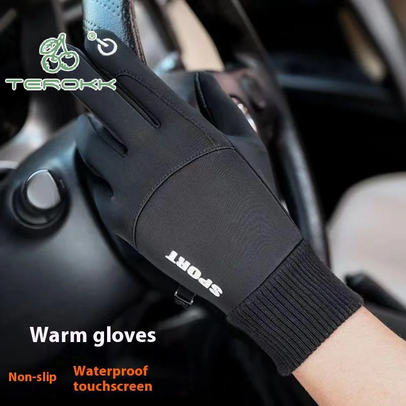 1 par de guantes de ciclismo impermeables con dedos completos cálidos de invierno para hombre, guantes de lana para deportes al aire libre, correr, motocicleta, esquí, pantalla táctil